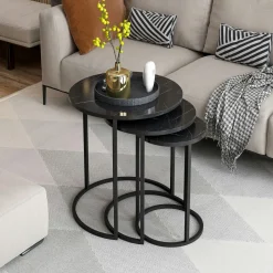 JENA Bouts De Canapé En Métal|Bouts De Canapé En Bois|Bout de canapé rond effet marbre noir (lot de 3)