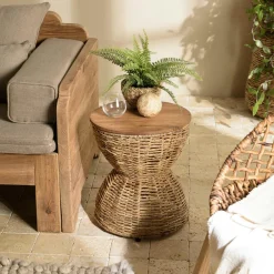 Swing Univers Déco·Globe-Trotter|Bouts De Canapé En Bois|Bout de canapé rond en rotin beige plateau bois 41 cm