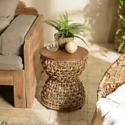 Swing Univers Déco·Globe-Trotter|Bouts De Canapé En Bois|Bout de canapé rond en rotin beige plateau bois 41 cm