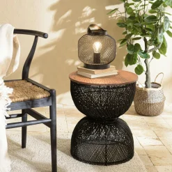 Swing Univers Déco·Globe-Trotter|Bouts De Canapé En Bois|Bout de canapé rond en rotin beige plateau bois 41 cm