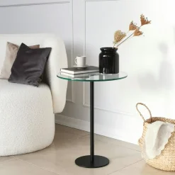 TULUM Bouts De Canapé En Métal|Bout de canapé rond en verre, pied métal doré Ø40 cm