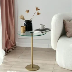 TULUM Bouts De Canapé En Métal|Bout de canapé rond en verre, pied métal noir Ø40 cm