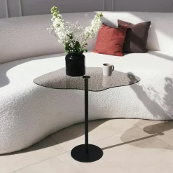 TULUM Tables Basses En Verre|Bout de canapé verre fumé forme organique pied métal