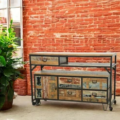 Loft / Loft Colors Buffets Industriels|Buffets Industriels|Buffet / Console à roulettes en 2 parties, 4 + 1 tiroirs, 1 porte en Hévéa recyclé coloré et métal 150x53x97cm LOFT COLORS
