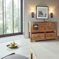 Tradition Consoles Avec Tiroirs|Consoles Avec Tiroir|Buffet / Console Hévéa 2 portes vitrées, 2 tiroirs, 2 casiers amovibles 124x42x82cm