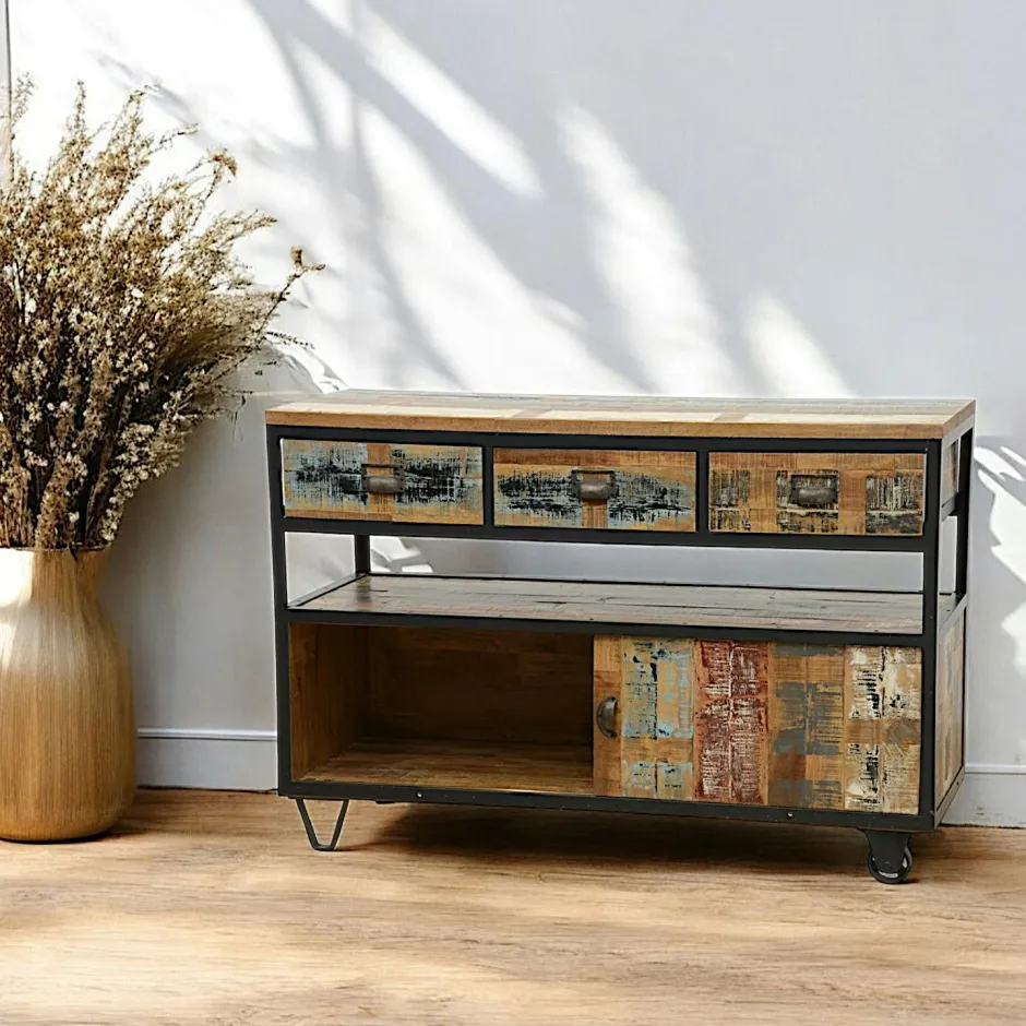 Loft / Loft Colors Buffets Industriels|Buffets Industriels|Buffet à roulettes 3 tiroirs, 1 porte coulissante, 1 niche ouverte en Hévéa recyclé coloré et métal 120x45x80cm LOFT COLORS