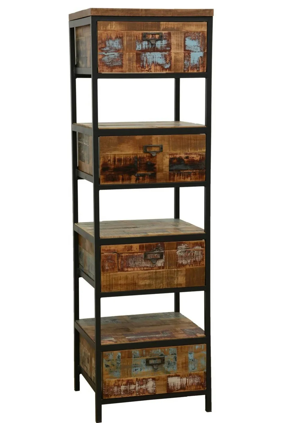 Loft / Loft Colors Buffets Industriels|Buffets Industriels|Buffet à roulettes 3 tiroirs, 1 porte coulissante, 1 niche ouverte en Hévéa recyclé coloré et métal 120x45x80cm LOFT COLORS