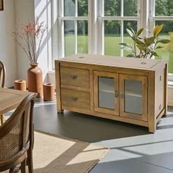 Tessa Buffets Bas|Buffet Bas|Buffet bas Hévéa 2 portes vitrées, 2 tiroirs 120x50x65cm