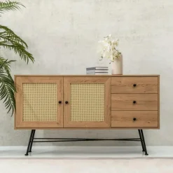 VAREN Buffets Contemporains|Buffets Contemporains|Buffet bohème effet bois, 2 portes en cannage