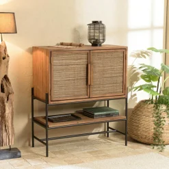 Swing Buffets En Bois|Buffets En Bois|Buffet de rangement 2 portes en teck et fibre de coco