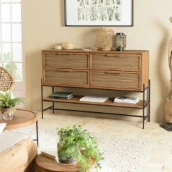 Swing Buffets En Bois|Buffets En Bois|Buffet de rangement 2 portes en teck et fibre de coco