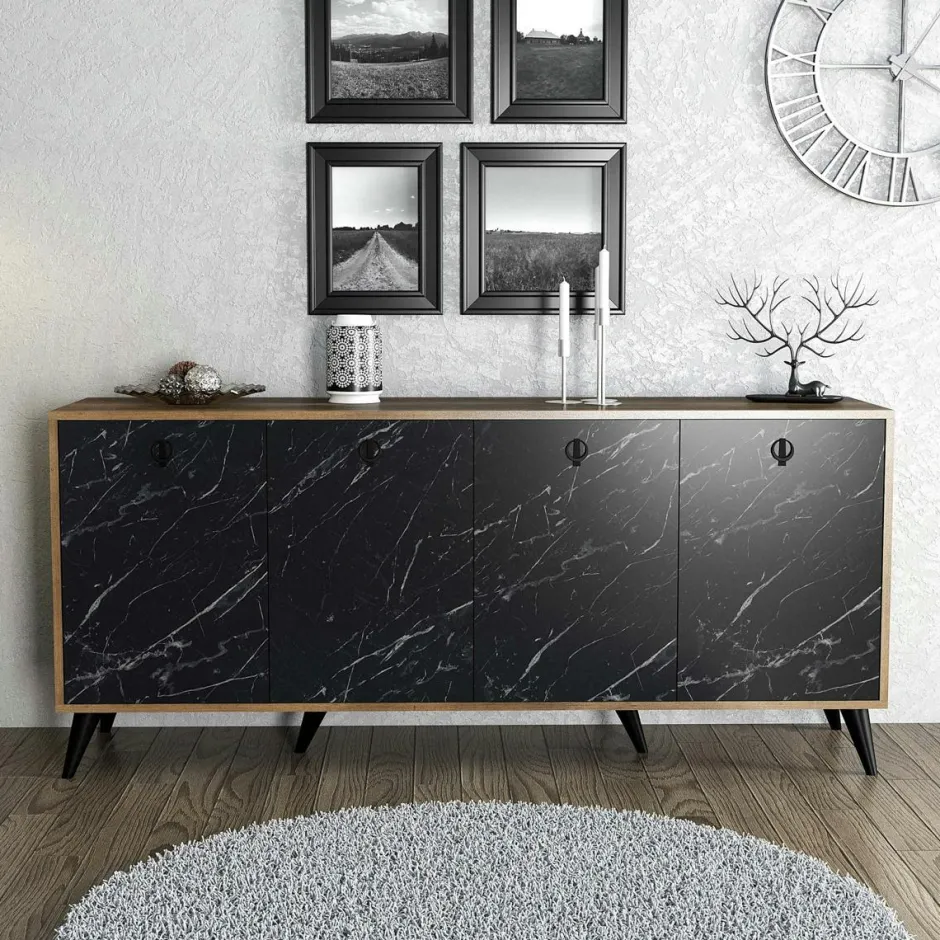 UMEA Buffets Contemporains|Buffets Contemporains|Buffet design moderne 4 portes, façade effet marbre noir