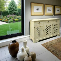 Maori Buffets En Bois|Buffets En Bois|Buffet Enfilade Hévéa 3 portes motif tressé, 3 tiroirs 146x44x90cm