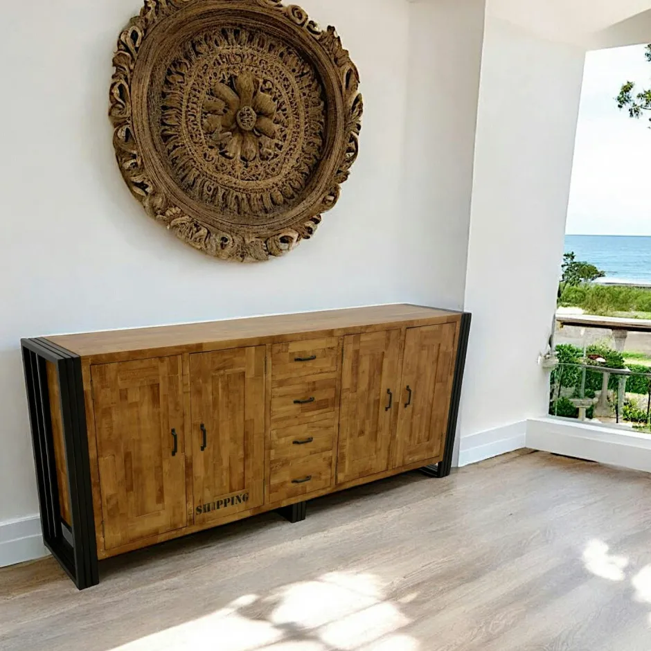 Docker Buffets Industriels|Buffets Industriels|Buffet enfilade hévéa recyclé naturel et métal noirci 4 tiroirs 4 portes 220X45X90cm