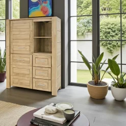 Attan Buffets Contemporains|Buffets Contemporains|Buffet haut / Bibliothèque Hévéa 2 portes, 3 tiroirs, 2 niches 120x45x162cm