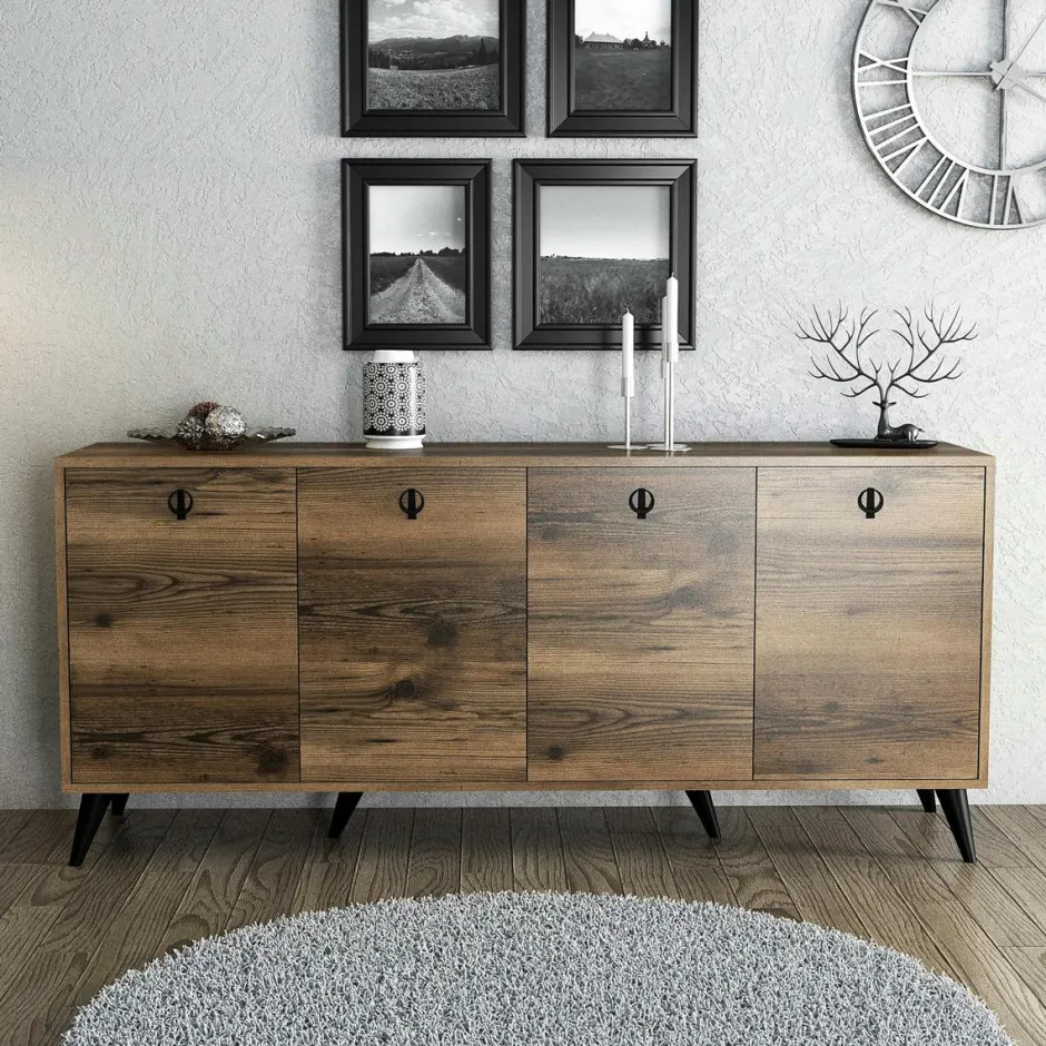 UMEA Buffets Contemporains|Buffets Contemporains|Buffet moderne 4 portes effet noyer, poignées à anneaux