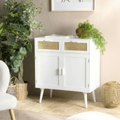 CALVIA Buffets Scandinaves|Buffets Scandinaves|Buffet moderne bois blanc 2 portes 2 tiroirs rotin