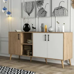 MARFA Buffets Contemporains|Buffets Contemporains|Buffet moderne effet bois et blanc, pieds obliques