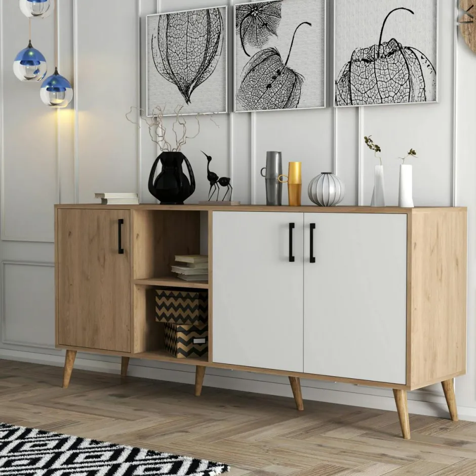 MARFA Buffets Contemporains|Buffets Contemporains|Buffet moderne effet bois et blanc, pieds obliques