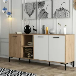 JENA Buffets Contemporains|Buffets Contemporains|Buffet moderne effet bois et blanc, niches ouvertes