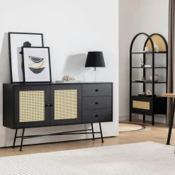 VAREN Buffets Contemporains|Buffets Contemporains|Buffet noir bohème avec cannage, 2 portes 3 tiroirs