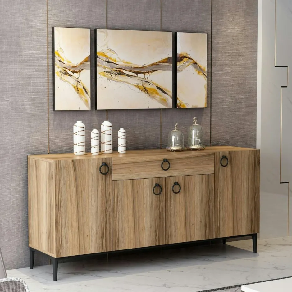 JENA Buffets Contemporains|Buffets Contemporains|Buffet rustique 4 portes effet bois, poignées anneaux