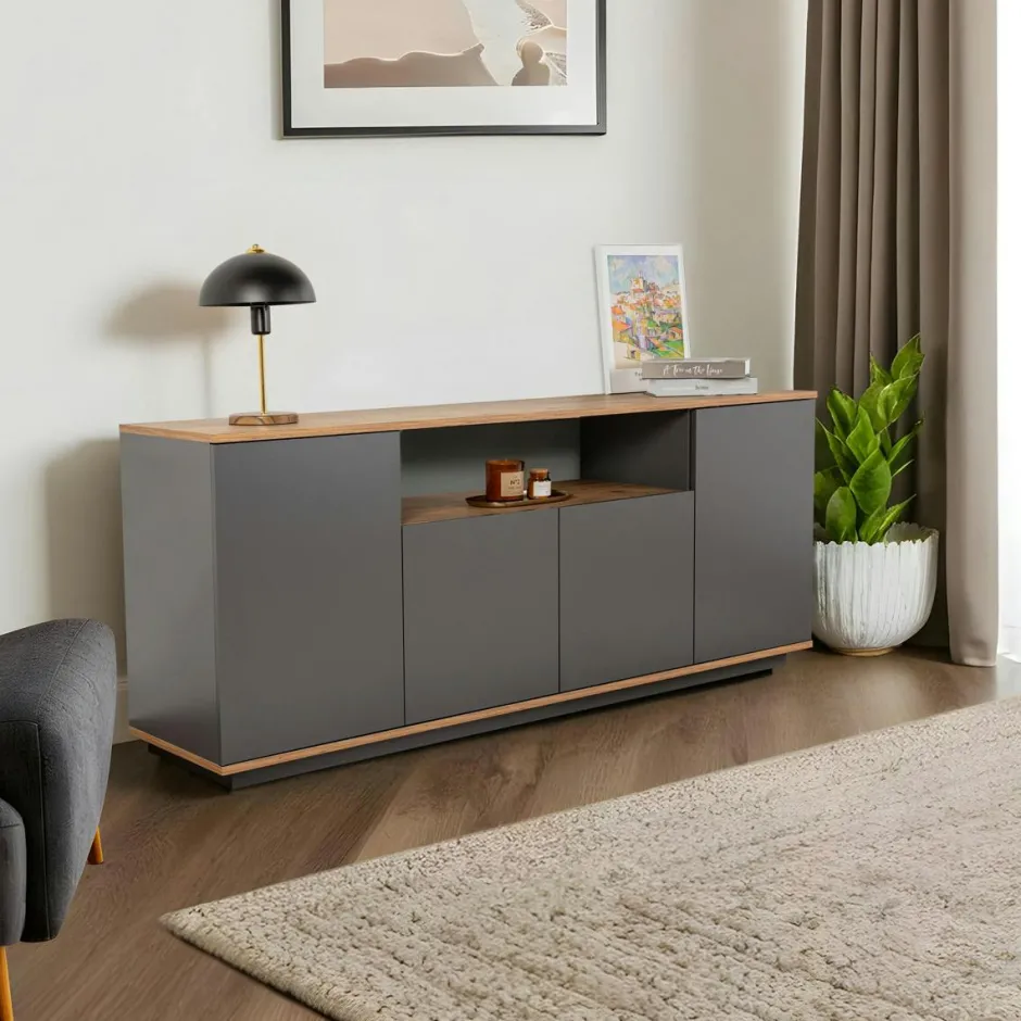 MARFA Buffets Contemporains|Buffets Contemporains|Buffet salle à manger blanc & effet bois, niche centrale