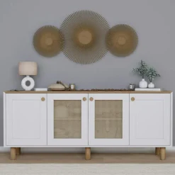 VAREN Buffets Contemporains|Buffets Contemporains|Buffet salle à manger blanc, cannage et effet noyer