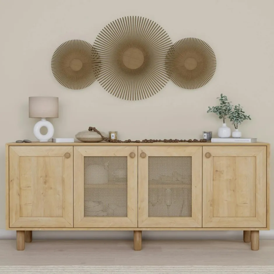 VAREN Buffets Contemporains|Buffets Contemporains|Buffet salle à manger moderne effet bois détail cannage