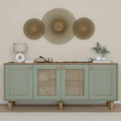 VAREN Buffets Contemporains|Buffets Contemporains|Buffet salle à manger vert sauge, cannage et effet bois