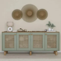 VAREN Buffets Contemporains|Buffets Contemporains|Buffet salle à manger vert sauge, 4 portes cannage