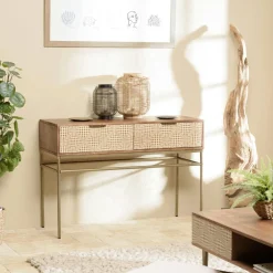 KANHA Buffets En Bois|Buffets En Bois|Buffet vintage manguier 4 portes motifs losanges pieds métal doré