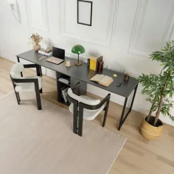 MARFA Bureaux En Bois|Bureau double avec rangement central - plateau effet marbre