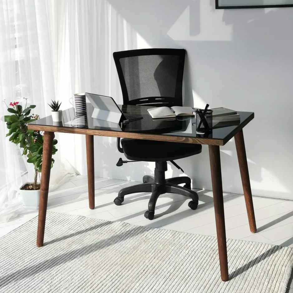 ANZIO Bureaux En Bois|Bureau en bois foncé et verre noir - style moderne