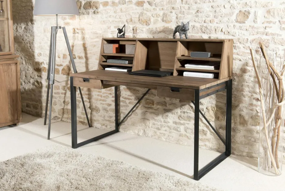 Swing Bureaux En Bois|Bureau en Teck recyclé et métal noir 2 tiroirs et partie supérieure avec 7 niches 140x70x113cm