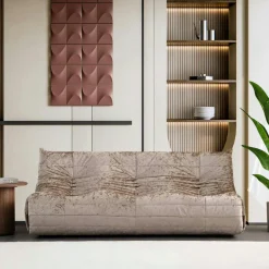 ARVEN Canapés En Tissu|Canapé 3 places beige en tissu plissé 210 cm