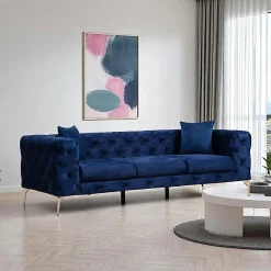 DOVER Canapés 3 Places|Canapés En Tissu|Canapé 3 places bleu nuit en velours capitonné