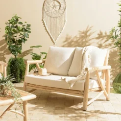MANAK Canapés 2 Places|Canapés En Tissu|Canapé 2 places rondins de teck naturel et coussins blancs