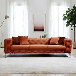 DOVER Canapés 3 Places|Canapés En Tissu|Canapé 3 places rouille en velours capitonné