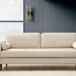 CHIBA Canapés En Tissu|Canapé 3 places velours beige crème, coussins polochons