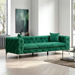 DOVER Canapés 3 Places|Canapés En Tissu|Canapé 3 places vert en velours capitonné