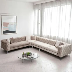 DOVER Canapés 3 Places|Canapés En Tissu|Canapé d'angle beige en velours capitonné - côté gauche