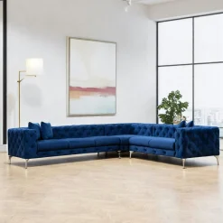 DOVER Canapés 3 Places|Canapés En Tissu|Canapé d'angle bleu nuit en velours capitonné - côté droit
