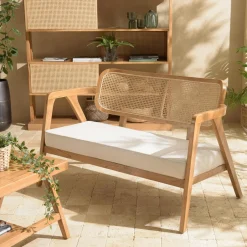 MANAK Canapés 2 Places|Canapé exotique 2 places dossier cannage teck et coussin gris
