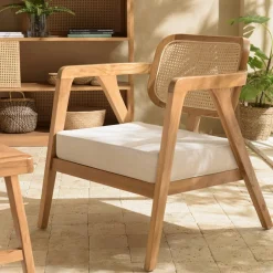 MANAK Canapés 2 Places|Canapé exotique 2 places dossier cannage teck et coussin gris