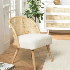 TIM Chaises En Bois|Chaises En Rotin|Chaise basse bois clair tissu blanc bouclé et rotin