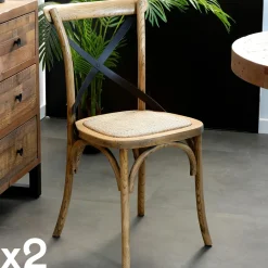 TIM Meubles De Cuisine·Chaises|Chaises En Bois|Chaise bois et cannage assise cuir havane (lot de 2)