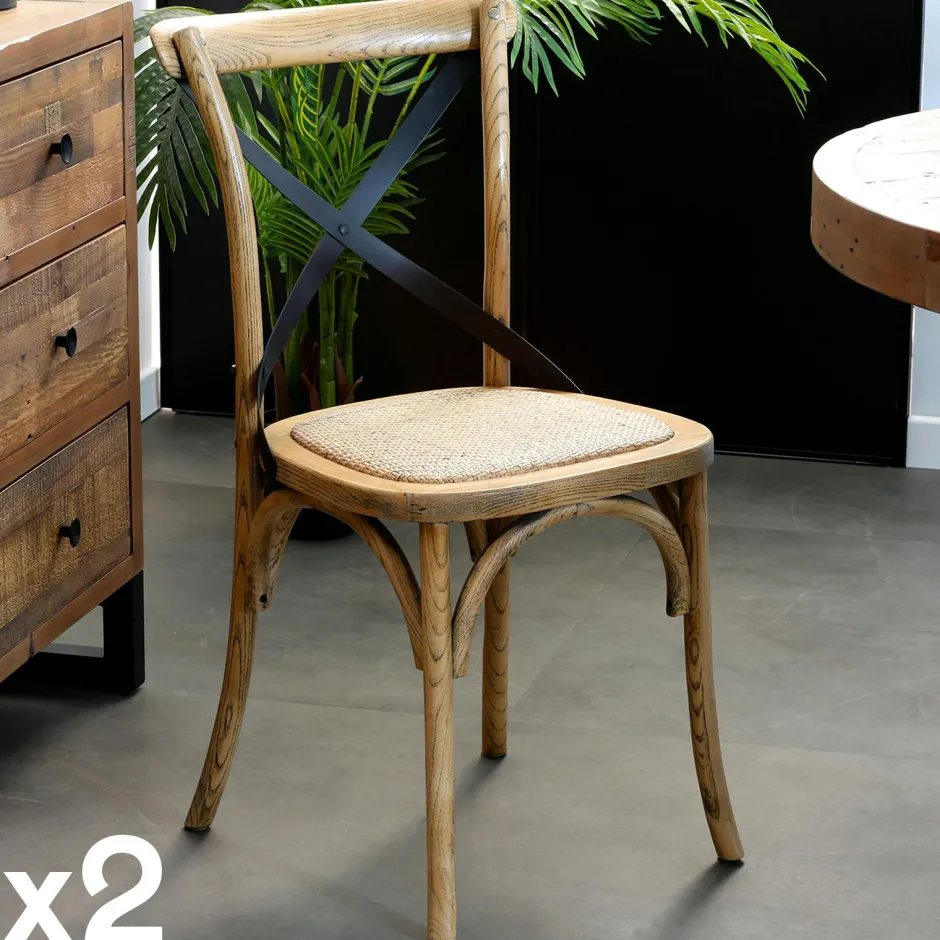 TIM Meubles De Cuisine·Chaises|Chaises En Bois|Chaise bois et cannage assise cuir havane (lot de 2)