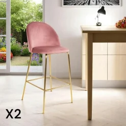 MONTREUX Tabourets De Bar En Velours|Chaise de bar rose en velours à dossier rond (lot de 2)