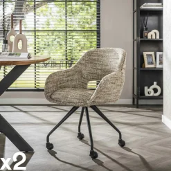 CREEK Chaises Avec Accoudoirs|Chaises Contemporaines|Chaise de bureau à roulettes en tissu gris chiné (lot de 2)